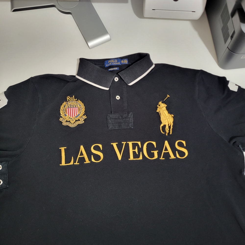 Polo Ralph Lauren Las Vegas Custom Slim Fit Polo Shirt XXL Black Gold - Picture 2 of 9
